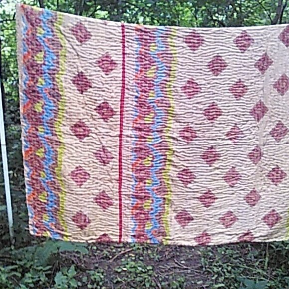 Kantha Quilt Red With Women 56" x 83" Cotton Patchwork Reversible Handmade K5. - Picture 3 of 11